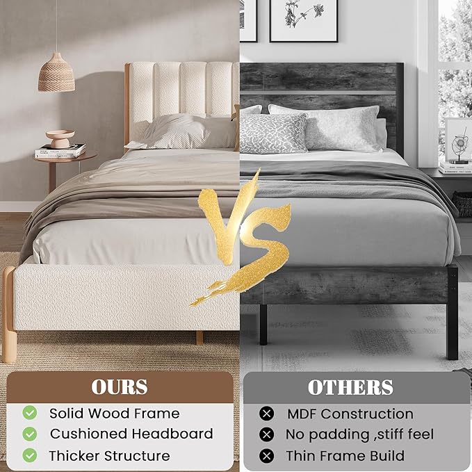 Queen Size Bed Frame with Boucle Upholstered Headboard, Solid Rubberwood Legs & Vertical Striped Design, Sturdy Wood Slat Support Boucle Bed Frame, No Box Spring Needed, White