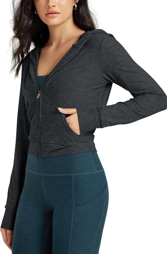 ODODOS Women's Full-Zip Cropped Hoodie - odSTRATUM Tech Ultra Soft UPF 50+ Hooded Jacket with Pockets