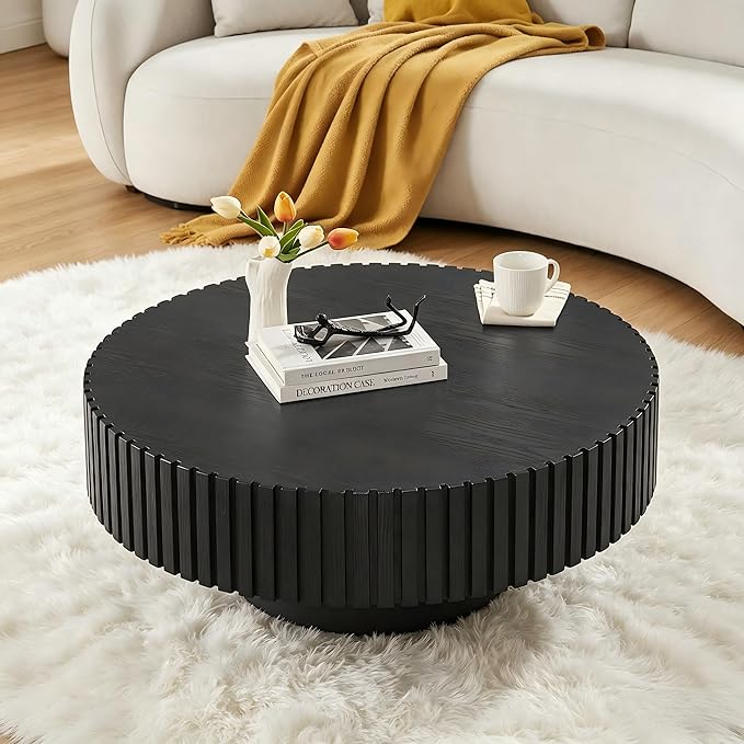 KEVINSPACE Round Coffee Table, 39" Big Wooden Fluted Coffee Table with Fluted Base, Circle Accent Center Table for Living Room Apartment Office Small Space, Easy Assembly, Black