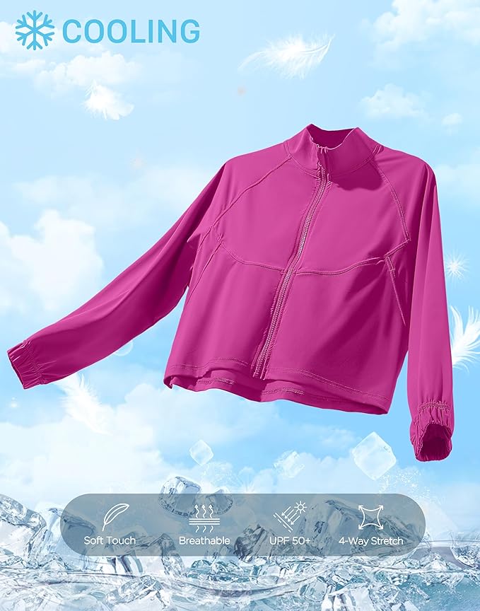 Soothfeel Women's Athletic workout Jacket Lightweight UPF 50+ Long Sleeve Sun Protection Shirts Zip Up Cropped Hiking Tops