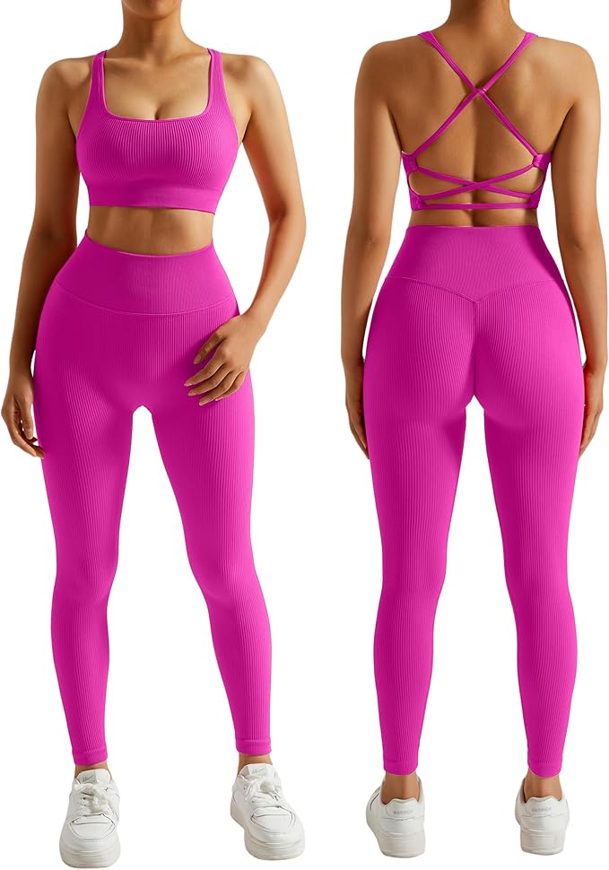 RXRXCOCO Ribbed Workout Sets for Women 2 Piece Backless Strappy Sports Bra Seamless Leggings Matching Set Yoga Outfits