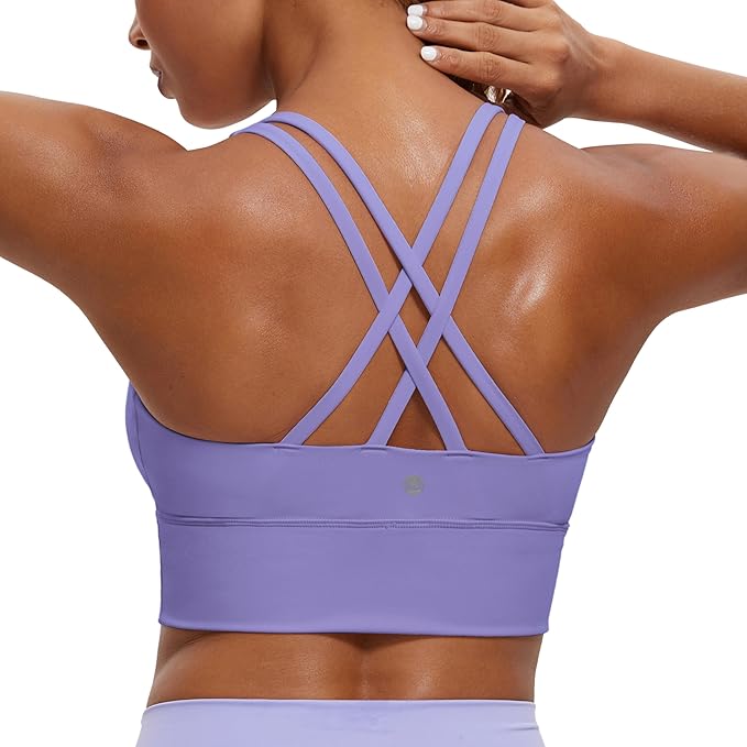 CRZ YOGA Naked Feeling Strappy Longline Sports Bras for Women - Medium Impact Criss Cross Yoga Padded Workout Crop Top