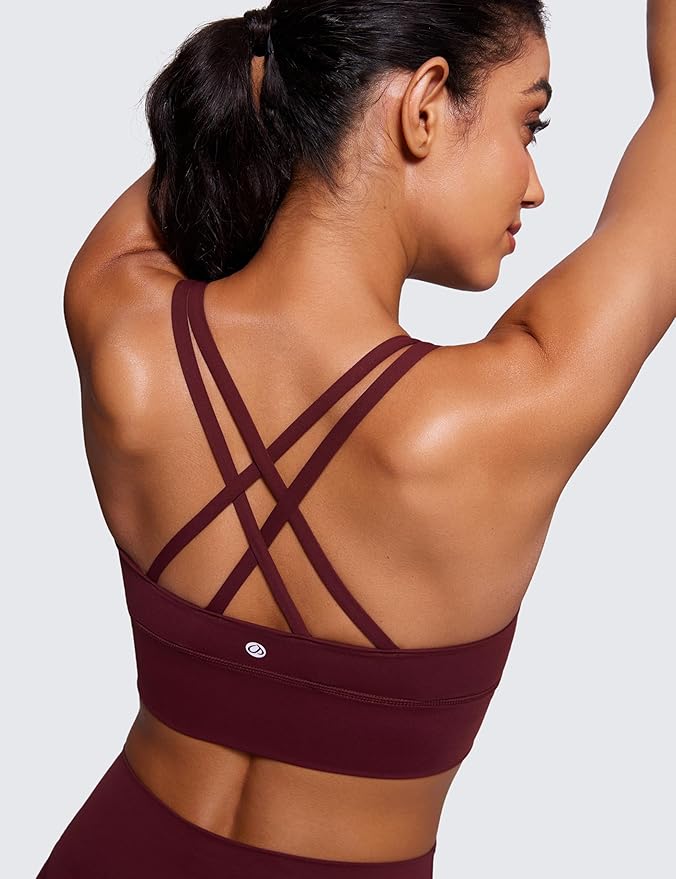 CRZ YOGA Naked Feeling Strappy Longline Sports Bras for Women - Medium Impact Criss Cross Yoga Padded Workout Crop Top