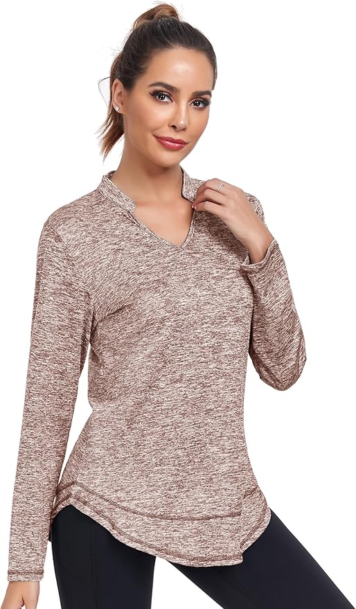 Absttith Women's Long Sleeve Workout Shirts Running Yoga Tops Athletic V Neck Sport Tee Side Split