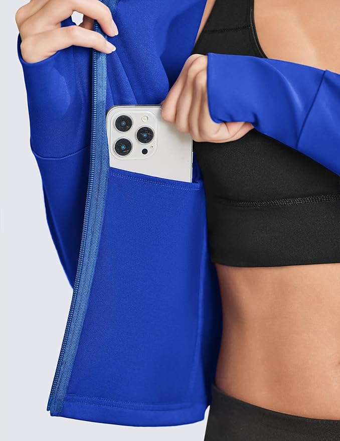 PINSPARK Women Cropped Workout Jackets Full Zip Slim Fit Athletic Jackets Thumb Holes Running Jacket with Zipper Pockets