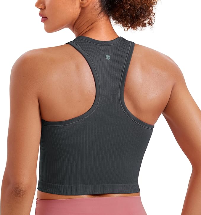CRZ YOGA Seamless Ribbed High Neck Crop Tank Tops for Women - Longline Racerback Padded Sports Bras