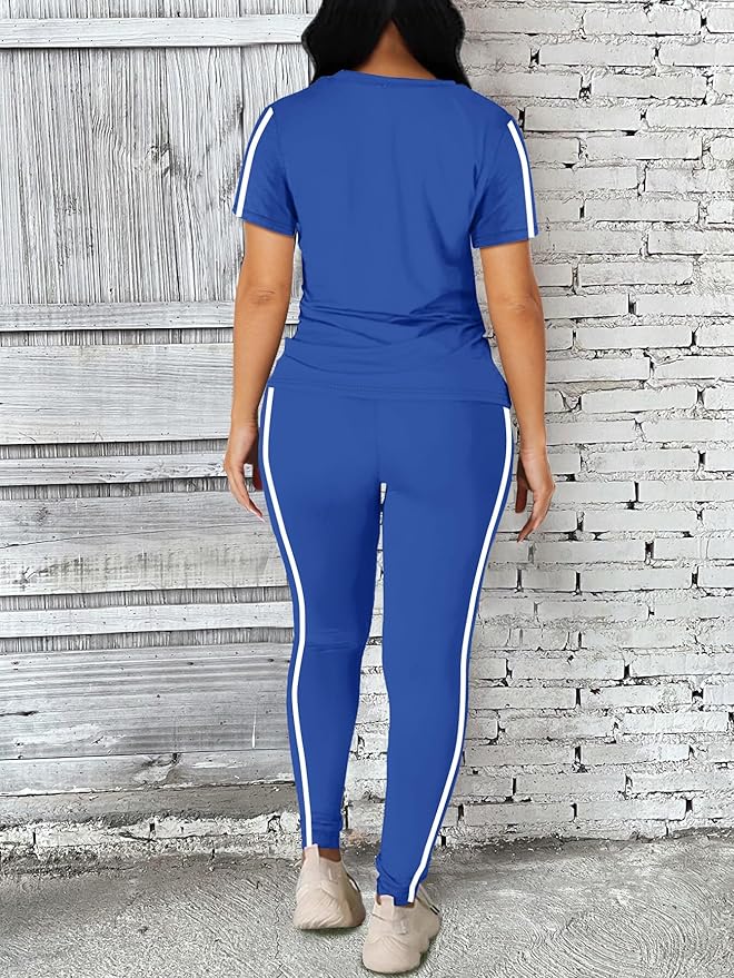 Women's 2 Piece Outfits Sweatsuit Summer Workout Striped Short Sleeve Long Sweatpants Casual Jogging Lounge Set