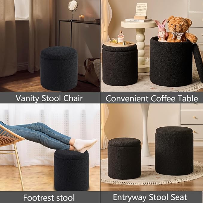 Round Ottoman with Storage Set of 2 - Upholstered Sherpa Vanity Stool for Makeup Multifunctional Ottomans Coffee Table Padded Seat Foot Rest for Living Room & Bedroom (Sherpa, Black)