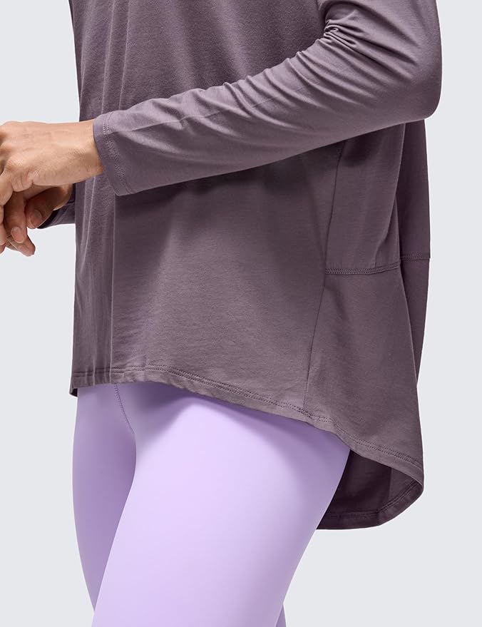 CRZ YOGA Pima Cotton Boat Neck Long Sleeve Shirts for Women - Workout Athletic Yoga Casual Tops Loose Fit Fall T-Shirts