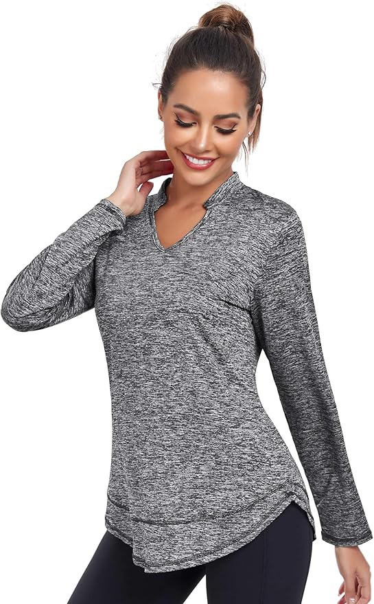 Absttith Women's Long Sleeve Workout Shirts Running Yoga Tops Athletic V Neck Sport Tee Side Split