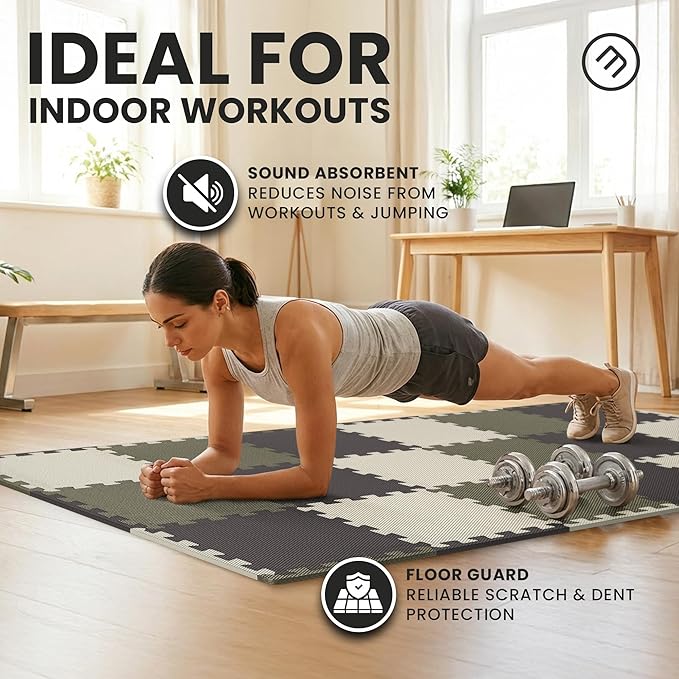 bemaxx Gym Mats Set - 18 pcs EVA Interlocking Foam Floor Tiles (12.6"x12.6"x0.4") 18sqft Protective Gym Flooring Sports Home Workout Exercise Mats Puzzle Garage Fitness Play-Room Pool Treadmill Bike