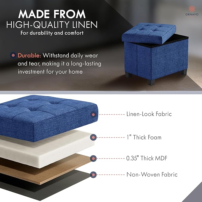 Ornavo Home Storage Ottoman Small Rectangle Ottoman with Legs, Foot Rest Stool Seat, Load up to 600 LB, for Living Room, Bedroom, Home Office, Dorm - 12 x 16 x 12, Navy Blue