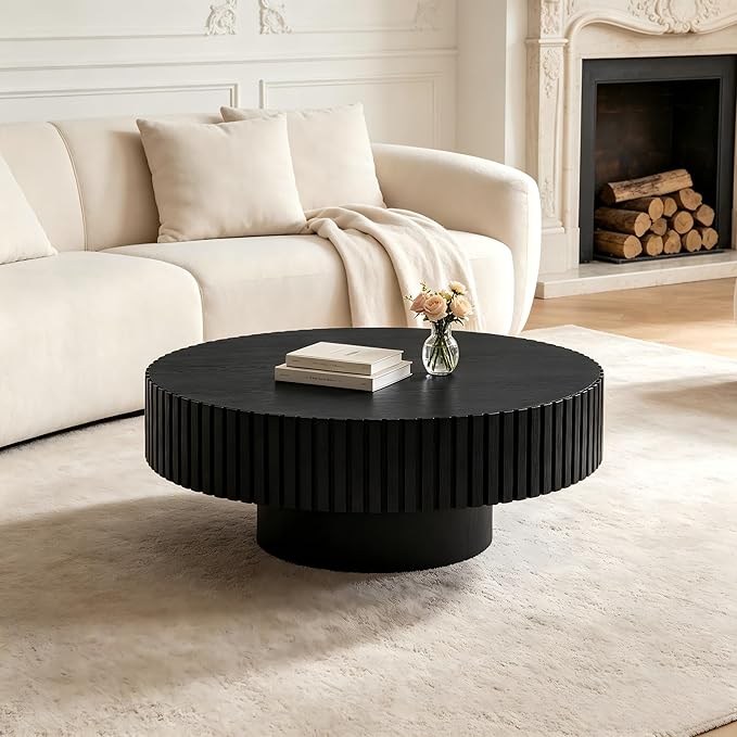 KEVINSPACE Round Coffee Table, 39" Big Wooden Fluted Coffee Table with Fluted Base, Circle Accent Center Table for Living Room Apartment Office Small Space, Easy Assembly, Black