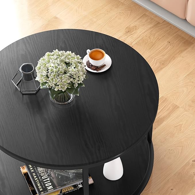 NSdirect Round Coffee Table, 25.6" Small Coffee Table for Living Room,2-Tier Rustic Wood Desktop with Storage Shelf Modern Design Home Furniture(Black)