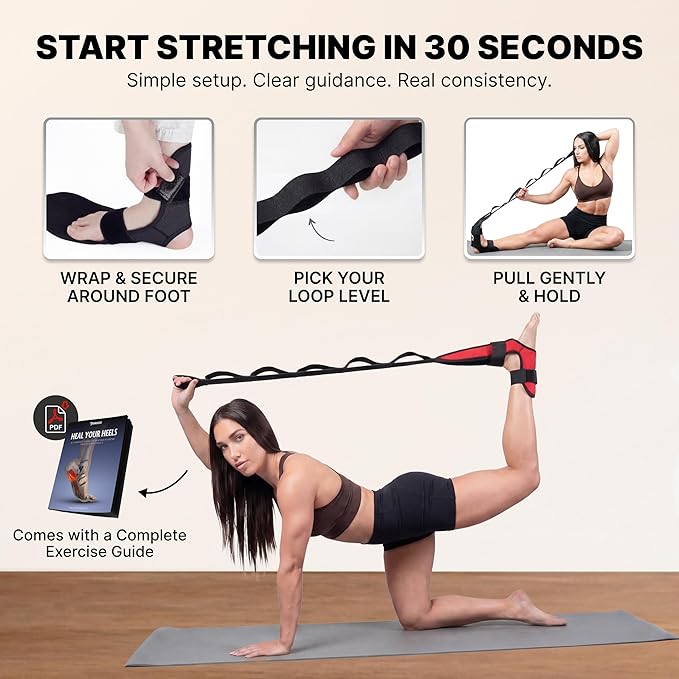 DMoose Fitness Foot & Calf Stretcher with Adjustable Padded Stretching Strap for Plantar Fasciitis, Hamstring, Heel Spurs and Achilles Tendonitis Relief - Yoga Leg Stretch Strap for Flexibility
