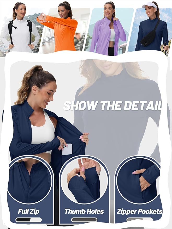 TACVASEN Women's Athletic Jackets Lightweight UV Protection Shirts Full Zip Workout Jacket UPF 50+ Long Sleeve Sun Shirt