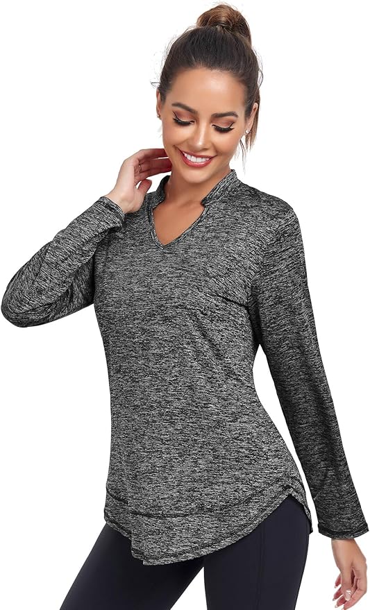 Absttith Women's Long Sleeve Workout Shirts Running Yoga Tops Athletic V Neck Sport Tee Side Split