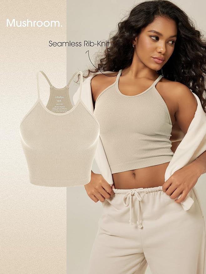 ODODOS Women's Crop 3-Pack Seamless Rib-Knit Camisole Crop Tank Tops