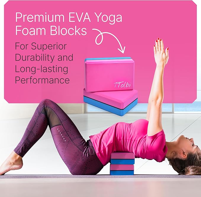 Yoga Blocks 2 Pack with Strap & Guide – Non-Slip EVA Foam Pilates Blocks for Home Workouts, Dance, Ballet, Gymnastics & Stretching Exercise | Ideal Dancer Gifts