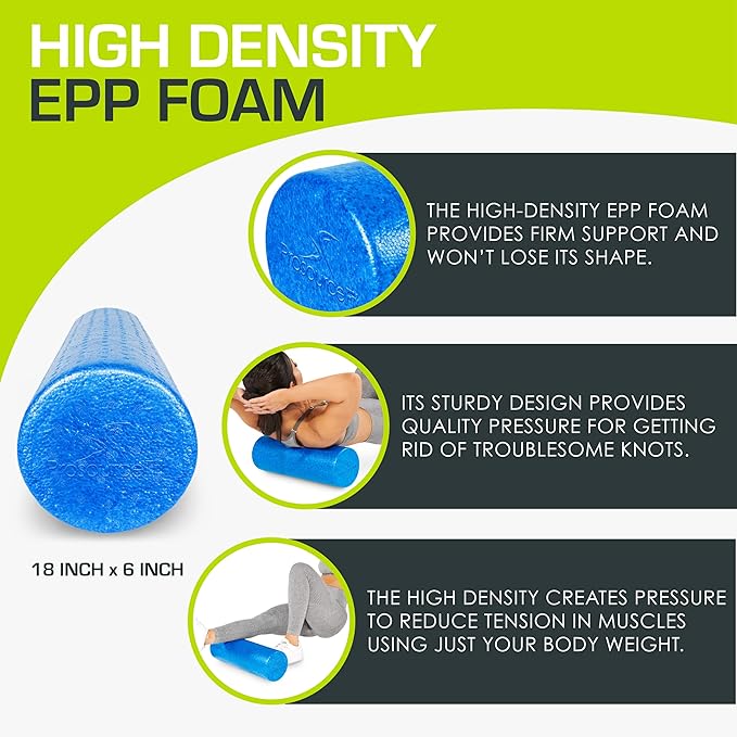 ProsourceFit High Density Foam Rollers 18 - inches long, Firm Full Body Athletic Massager for Back Stretching, Yoga, Pilates, Post Workout Trigger Point Release, Blue