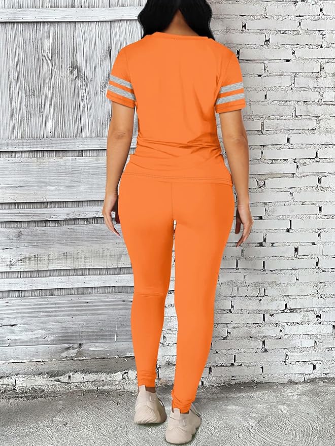 Two Piece Sets for Women Summer Short Sleeve Striped Crewneck Slim Fit Active Casual Sweatsuits