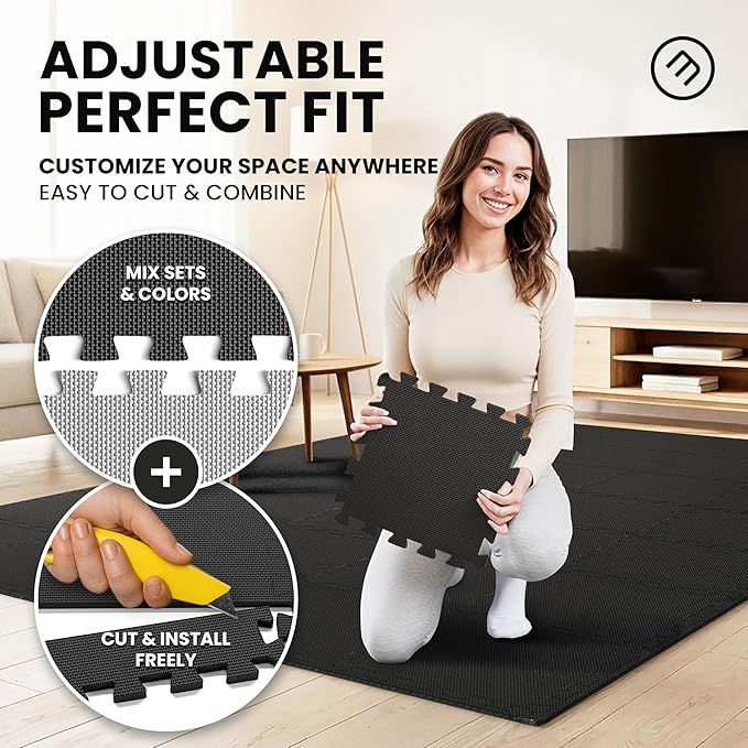 bemaxx Gym Mats Set - 18 pcs EVA Interlocking Foam Floor Tiles (12.6"x12.6"x0.4") 18sqft Protective Gym Flooring Sports Home Workout Exercise Mats Puzzle Garage Fitness Play-Room Pool Treadmill Bike
