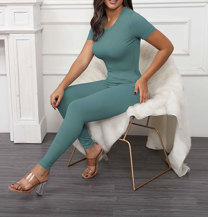 PINSV 2 Piece Sets for Women Summer Casual Jogger Workout Outfits Fitted Crew Neck T-shirt High Waist Legging Sets