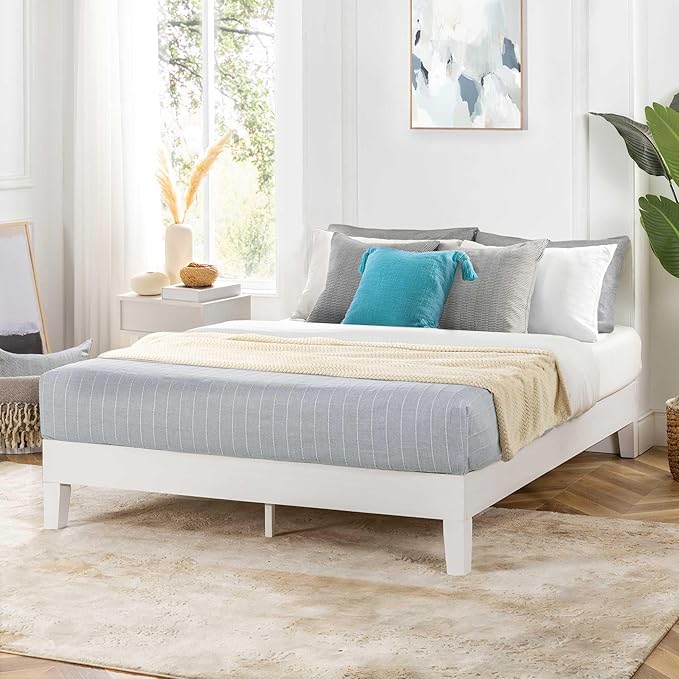 Mellow Naturalista Grand 12 Inch Solid Wood Platform Bed with Wooden Slats, Easy Assembly, Queen, White