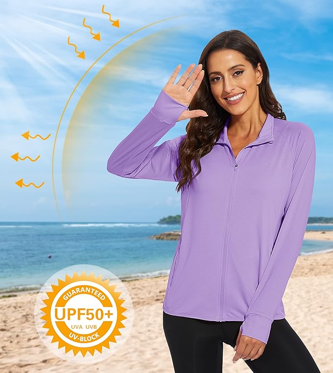 MAGCOMSEN Women's UPF 50+ Lightweight Athletic Jacket Sun Protection Full Zip Long Sleeve Shirts Hiking Outdoor Pockets