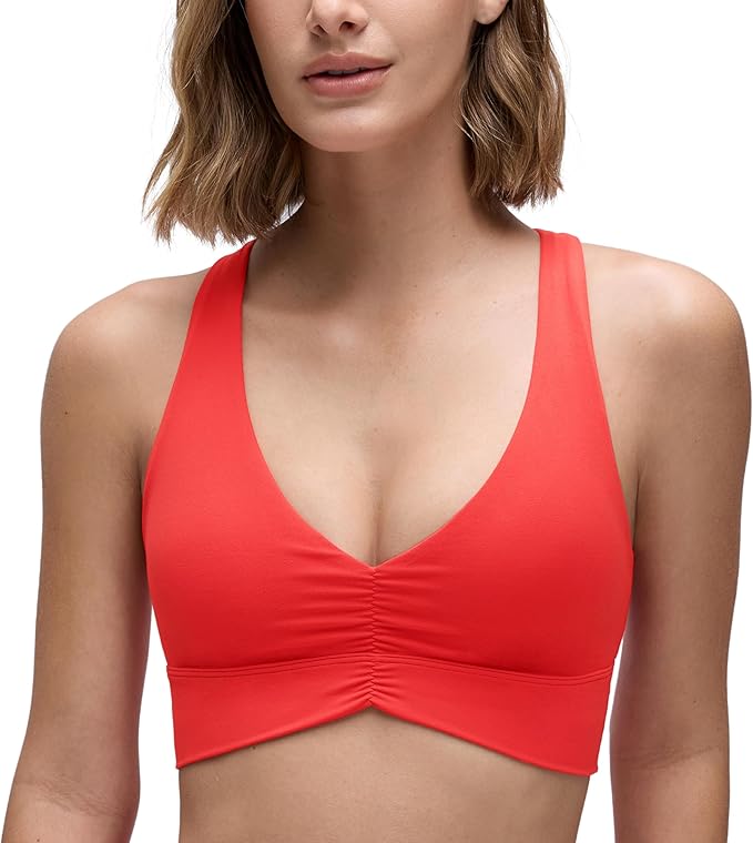 CRZ YOGA Butterluxe Ruched Longline Sports Bras for Women - V Neck Padded Yoga Tank Wide Straps Cross Back Crop Tops