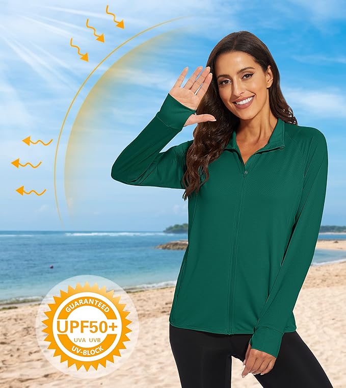 MAGCOMSEN Women's UPF 50+ Lightweight Athletic Jacket Sun Protection Full Zip Long Sleeve Shirts Hiking Outdoor Pockets