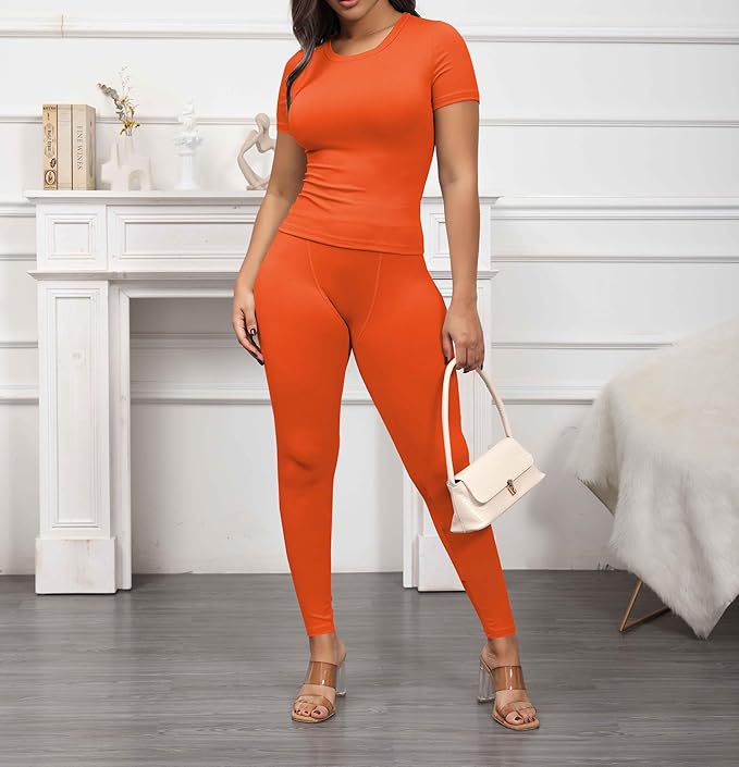 PINSV 2 Piece Sets for Women Summer Casual Jogger Workout Outfits Fitted Crew Neck T-shirt High Waist Legging Sets