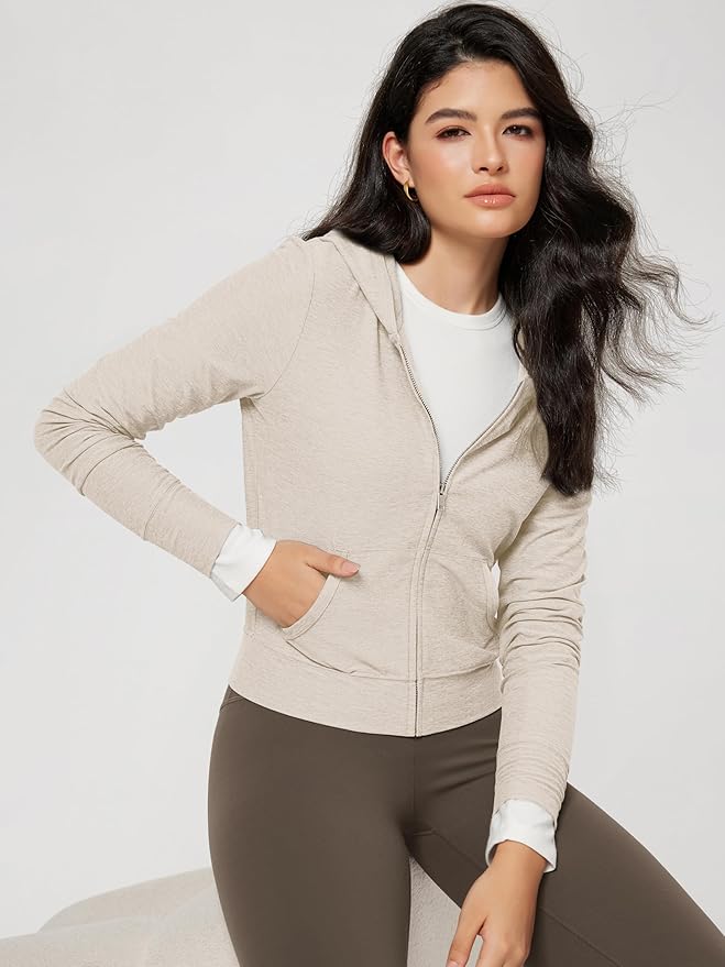 ODODOS Women's Full-Zip Cropped Hoodie - odSTRATUM Tech Ultra Soft UPF 50+ Hooded Jacket with Pockets