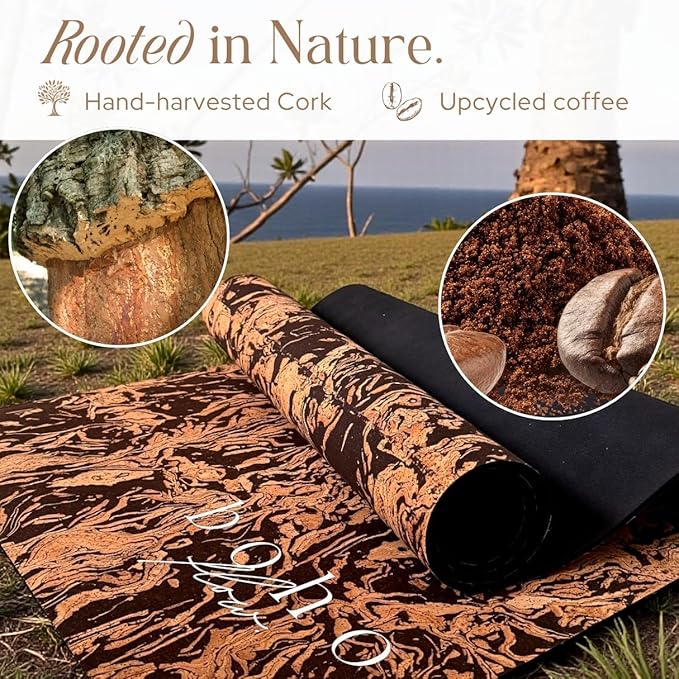 Deluxe Cork Yoga Mat – Gold, Coffee or Vegan Leather Cork Surface & Natural Rubber Base – Premium Natural & Eco Friendly Materials – Includes Signature Handmade Boho Bag