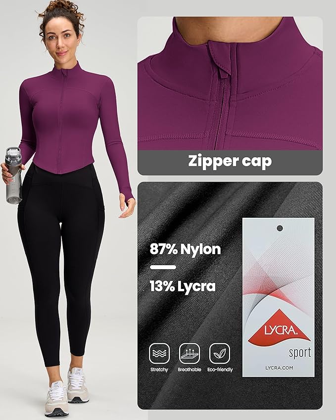 Women BBL Jacket Full Zip UP Workout Athletic Cropped Jacket wIth Thumb Holes Running Yoga Sportswear