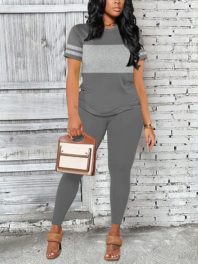 Two Piece Sets for Women Summer Short Sleeve Striped Crewneck Slim Fit Active Casual Sweatsuits