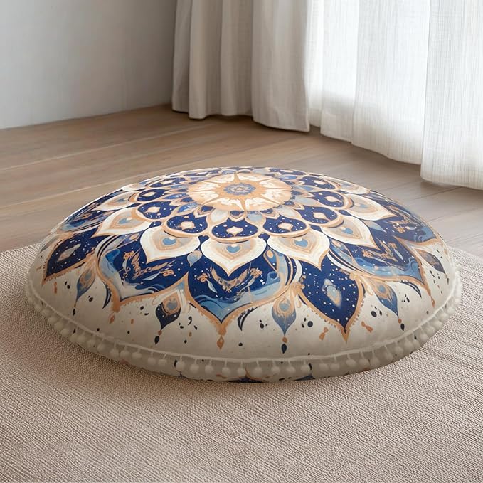 Meditation Cushion 32 Inch Round, Extra Thick Memory Foam Floor Pillow with Removable Washable Cover, Bohemian Mandala Yoga Cushion for Adults - Ideal Gift & Holiday Decor, Blue