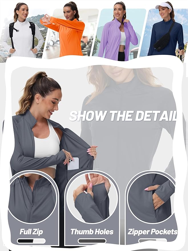 TACVASEN Women's Athletic Jackets Lightweight UV Protection Shirts Full Zip Workout Jacket UPF 50+ Long Sleeve Sun Shirt