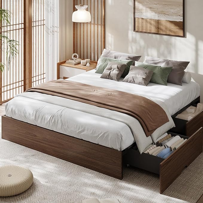 GarveeHome King Size Wood Platform Bed Frame with 2 Storage Drawers, Wooden Bed Frame Without Headboard, Wood Slat Support, No Box Spring Needed, Easy Assembly