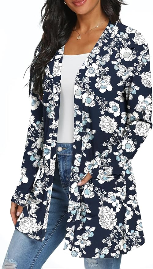 Womens Casual Lightweight with Pocketes Long Sleeve Open Front Cardigan