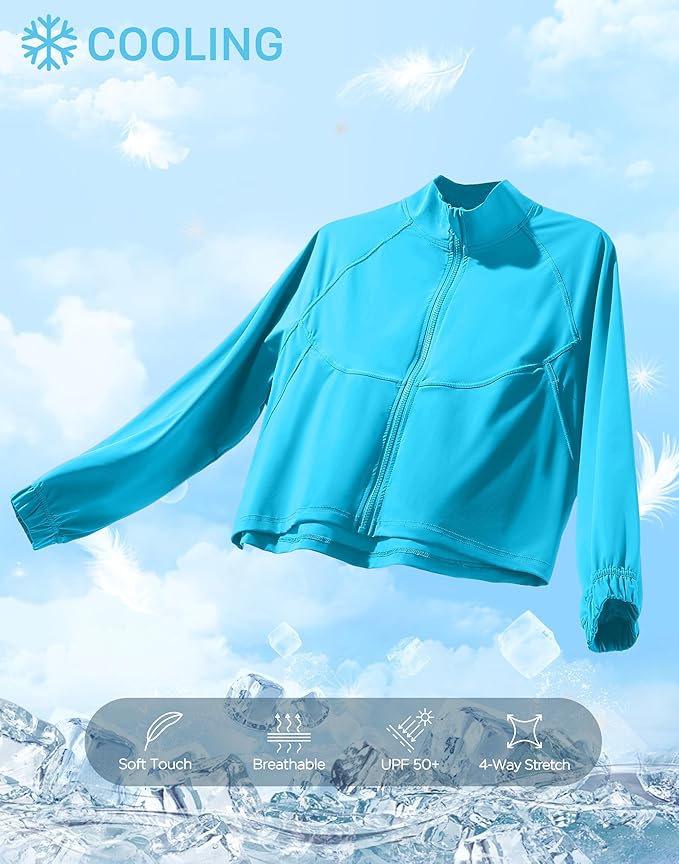 Soothfeel Women's Athletic workout Jacket Lightweight UPF 50+ Long Sleeve Sun Protection Shirts Zip Up Cropped Hiking Tops
