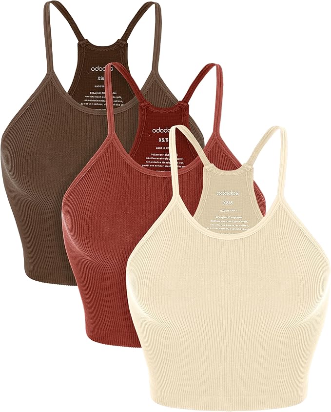ODODOS Women's Crop 3-Pack Seamless Rib-Knit Camisole Crop Tank Tops