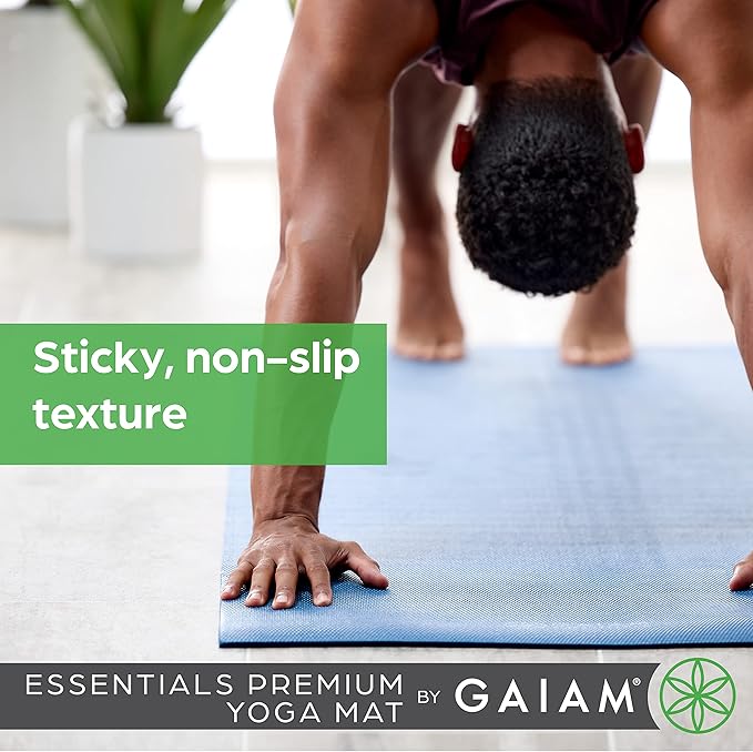 Gaiam Essentials 1/4" Thin (6mm) Yoga & Pilates, Fitness & Exercise Mat with Easy-Cinch Carrier Strap Cusion Support For Fitness and Gym Workouts