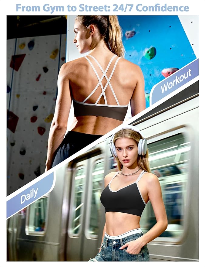 VEQKING Women's Cross Back Sports Bra Padded Strappy Medium Support Yoga Bra for Workout Fitness 3 Pack