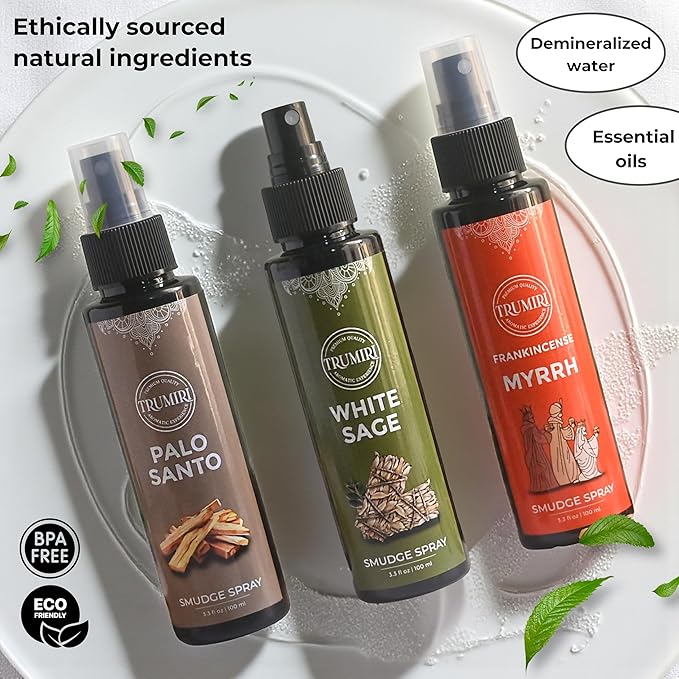 Set of 3 Smudge Sprays White Sage|Palo Santo|Frankincense Myrrh for Spiritual Cleansing of Negative Energy and Protection - Natural Room Sprays and Body Mists Made with Non Toxic Essential Oils