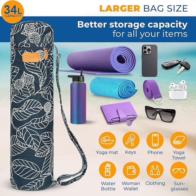 UDANA Yoga Mat Bag – Heavy Duty Canvas Carrier with 3 Pockets & Full Zip – Available in 3 Sizes (16L, 18L, 34L) - Multiple Colors