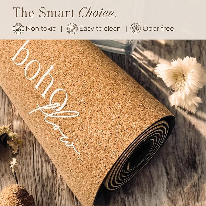 Premium Cork Yoga Mat Large 72"x26" – 5mm Thick Natural Rubber Cushioning - Non Slip Grip for Hot Yoga - Non-toxic & Odor-free - Stylish Alignment Lines & Elegant Boho Yoga Bag