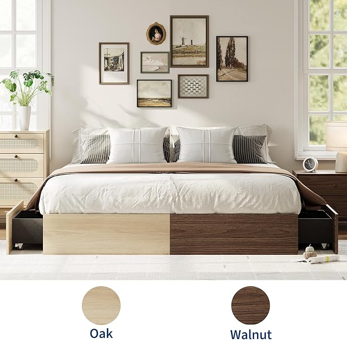 GarveeHome Full Size Wood Platform Bed Frame with 2 Storage Drawers, Wooden Bed Frame Without Headboard, Wood Slat Support, No Box Spring Needed, Easy Assembly