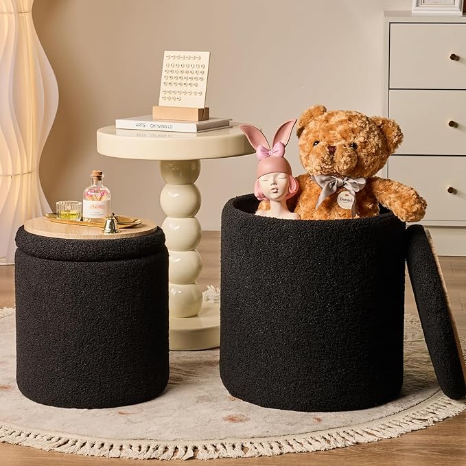Round Ottoman with Storage Set of 2 - Upholstered Sherpa Vanity Stool for Makeup Multifunctional Ottomans Coffee Table Padded Seat Foot Rest for Living Room & Bedroom (Sherpa, Black)