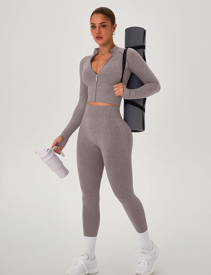 OLCHEE Womens Workout Sets 2 Piece Seamless Yoga Outfits Long Sleeve Zipper Jacket High Waist Leggings Butt Lifting Gym Set